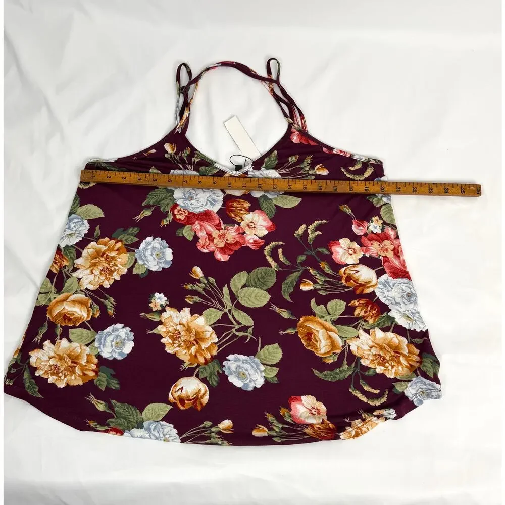 Papermoon Floral Criss Cross Tank Top XL Burgundy Sleeveless Cami NWT Boho